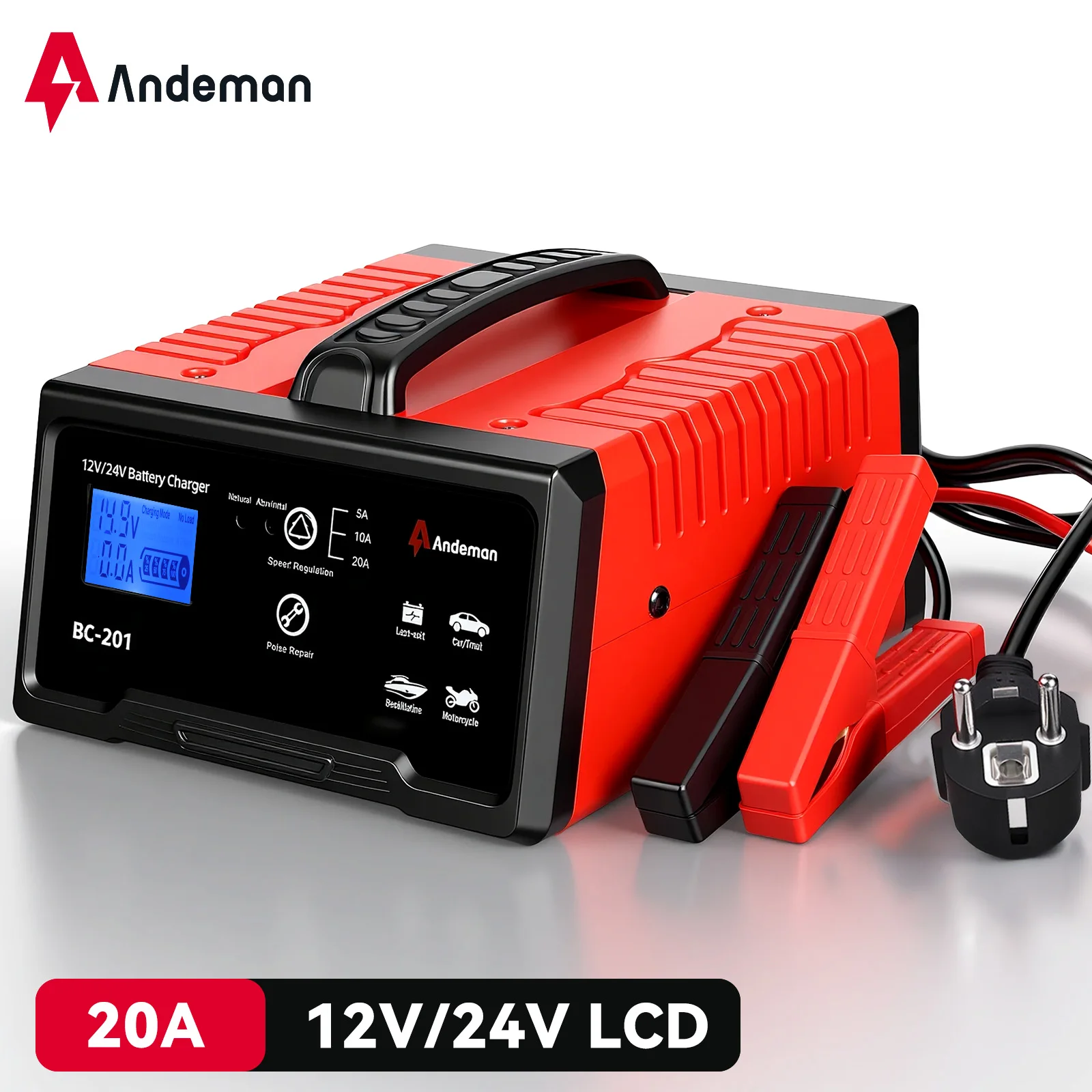 Tragbares 20A Auto-Batterieladegerät 12V 24V Automatisch für Motorrad LKW AGM LiFePO4 Blei-Säure Start-Stopp-Batterie mit Reparaturfunktion