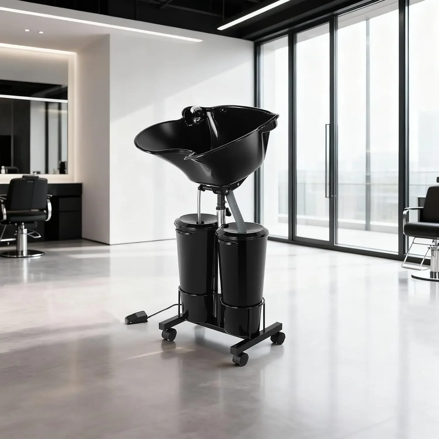 Portable Shampoo Bowl Unit Height Adjustable with 2 Bucket Hair Washing Station with Electric Pump and Drain Hoses, 270 Degree R