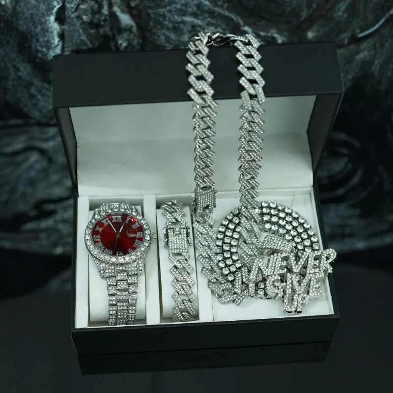 

Роскошное ожерелье-цепочка в стиле хип-хоп с кубинскими звеньями и подвеской набором мужских часов - стильная подарочная коробка для мужчин, модные ювелирные аксессуары
