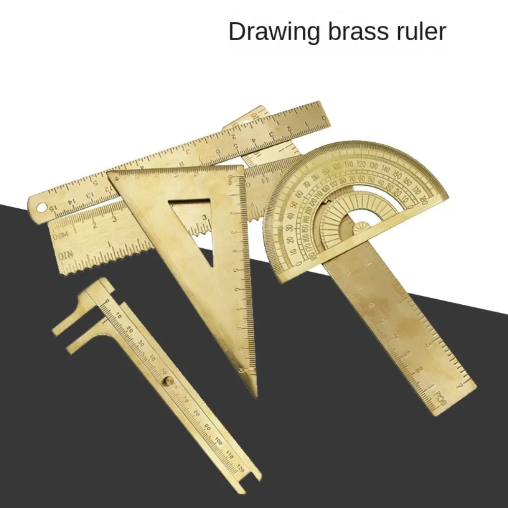 

Vintage Brass Straight Ruler Stationery Measuring Tool Painting Drawing Tools Gold Bookmark Metal Triangle Ruler Protractor