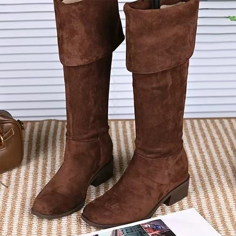 

Женские высокие сапоги выше колена, новые туфли на каблуке, теплые зимние длинные сапоги, зима 2025, замшевые туфли-лодочки, массивные повседневные ботинки челси Mujer