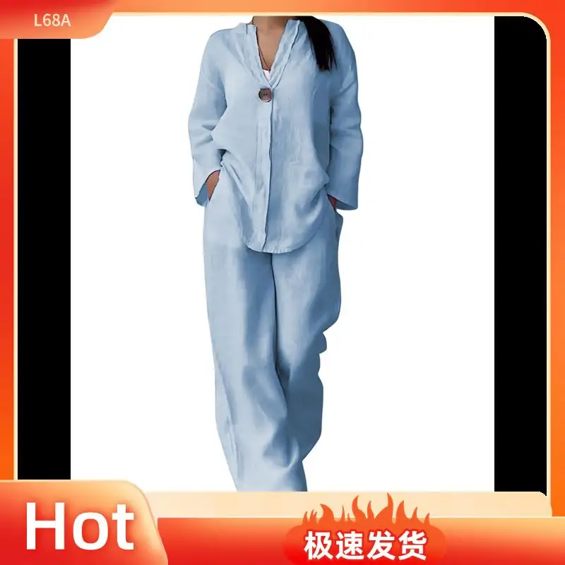 L68A Womens Cotton Linen 2 Piece Sets V Neck Button Down Long Sleeve Shirt Wide Leg Trouser Sets With Pockets Light Blue L
