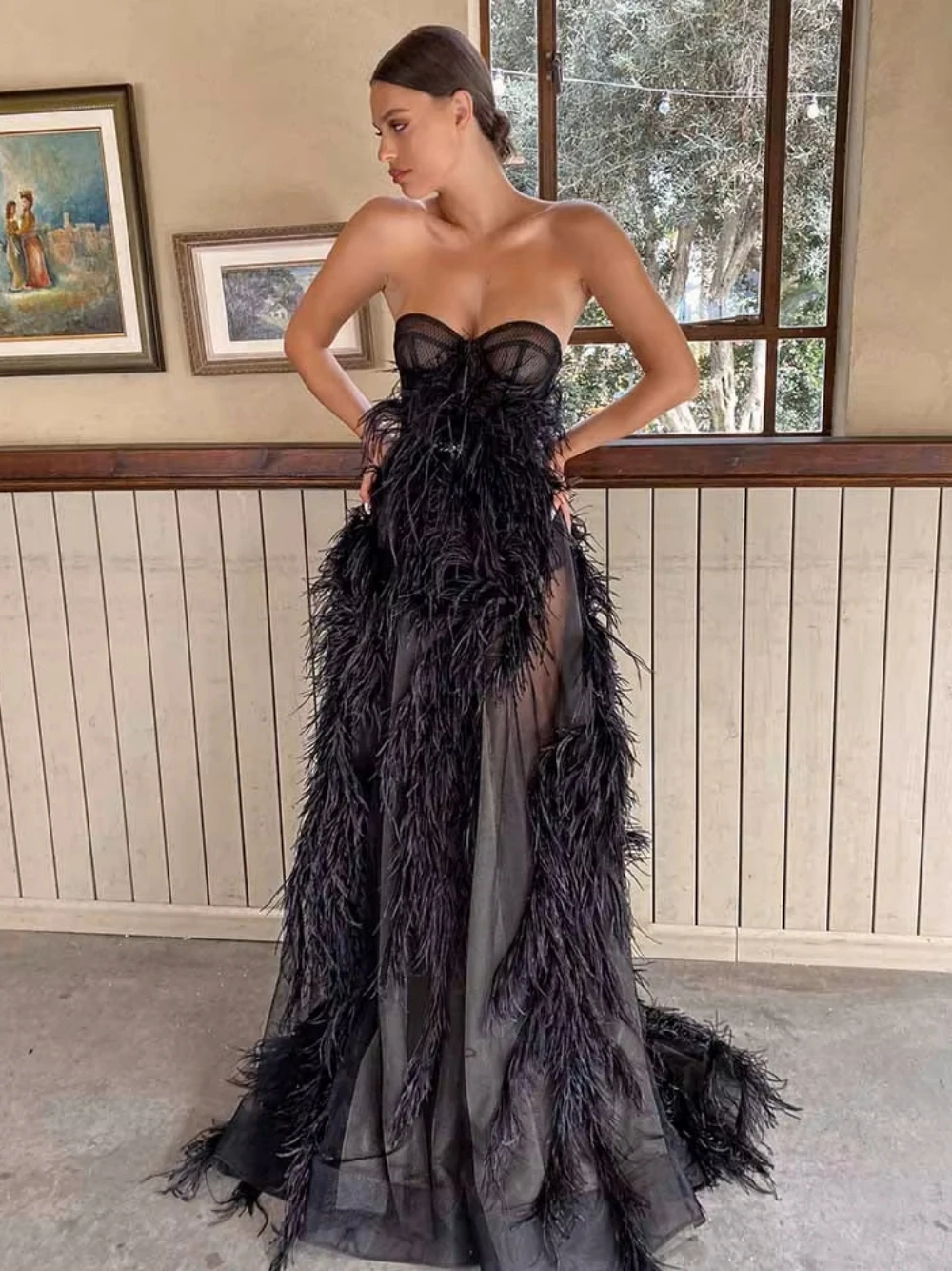 Black Sexy A Line Evening Dress Exquisite Feathers Customized Prom Gown Fashionable Formal Banquet Women Delicate Party Wear