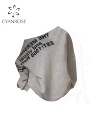 Women Grey Letter Print Long Sleeve Sweatshirt 90s Aesthetic Vintage Streetwear Harajuku Oversize Sweatshirt Clothes Autumn 2024