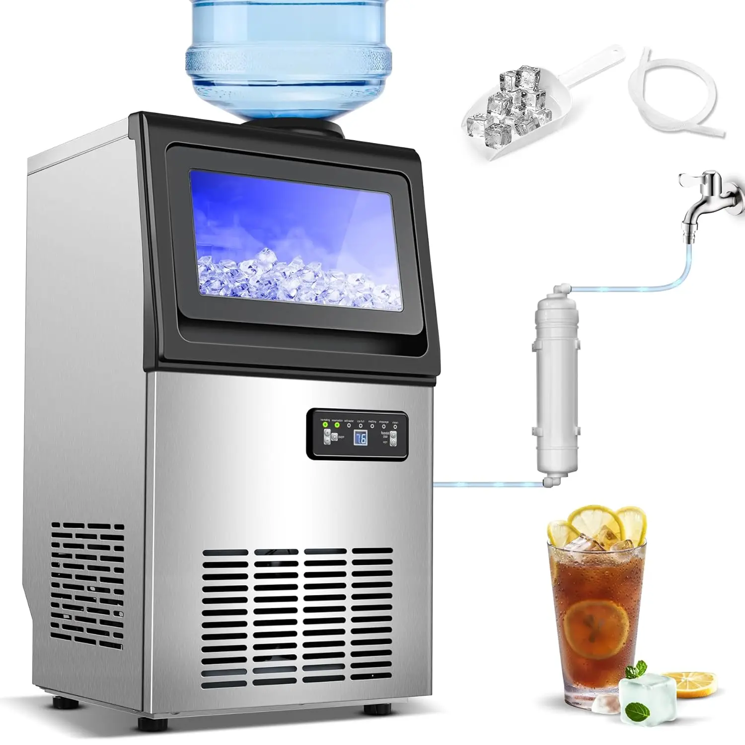 

Commercial Ice Maker, 110lbs/24H Under Counter Ice Maker with 2 Water Inlet, Ice Maker Machine with 22lbs Storage, Auto Self-Cle