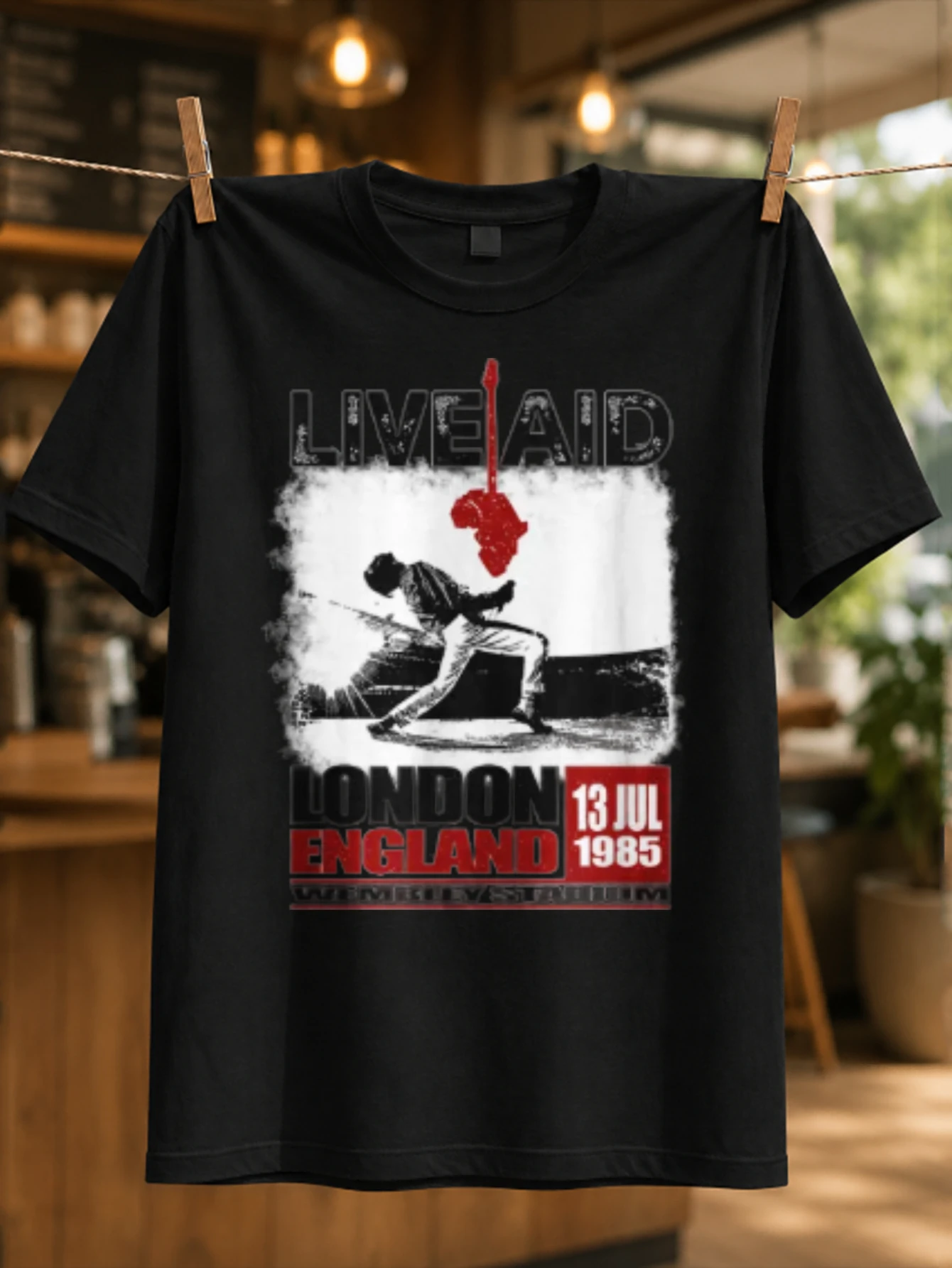 Live Aid London England   Freddie stage silhouette with red guitar marker and 13 Jul 1985 text  Unisex All T-Shirt