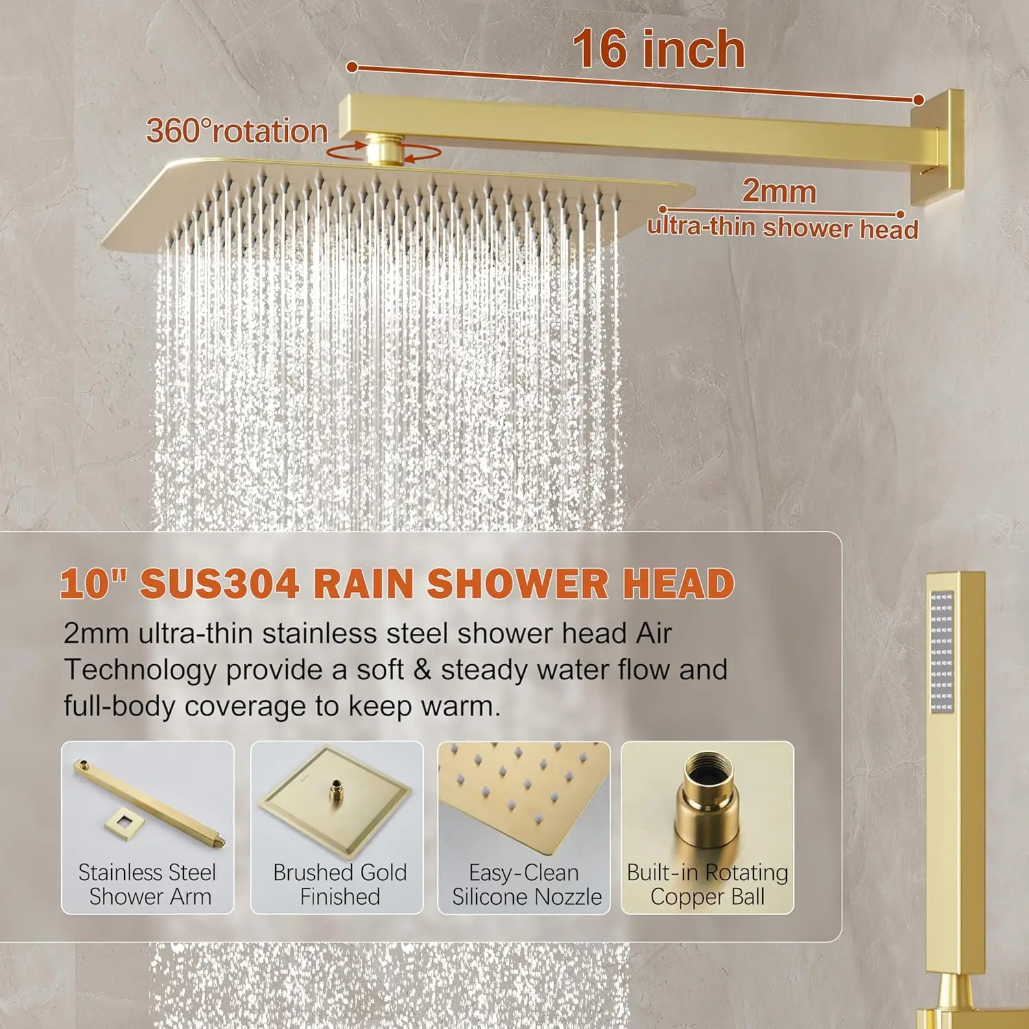Gold Shower System with 10-Inch Rain Showerhead and Handheld Spray, High-Pressure Wall Mounted Set in Brushed Gold Finish