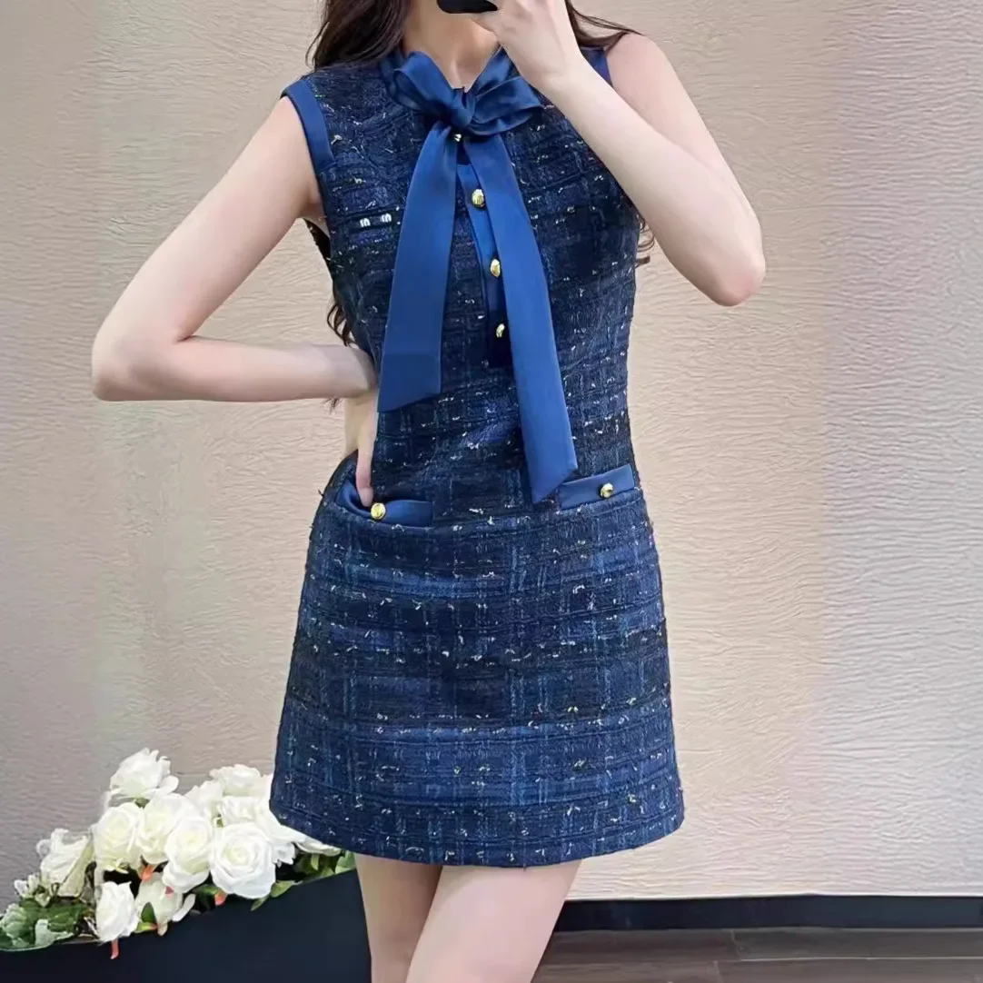 

LML2024 Celebrity Bow Checkered Sleeveless Dress Women's Summer Style Slim Gathering Elegant Short Skirt mini dress vestidos