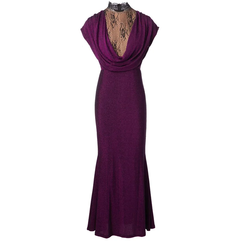 

Meyyithun Women's Dress Short Sleeve Lace Stitching Split Stretch Slim Mermaid Dress Elegant Lady Dress