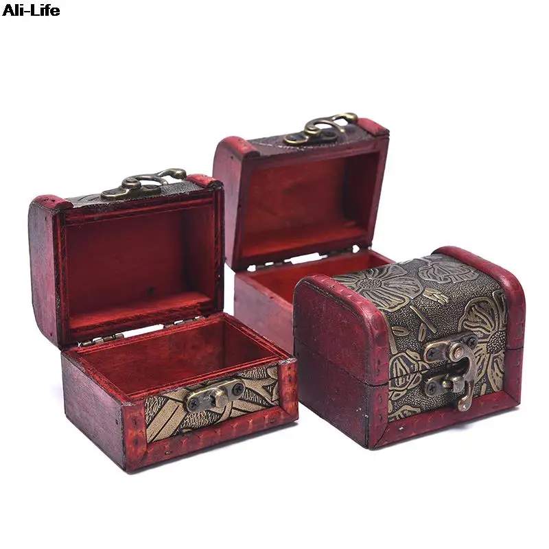 Hot 1pc Antique Mini Wood Treasure Chest Storage Box Jewelry Organizer Box Gift Box Casket Lock Desktop Storage Box Jewelry Box