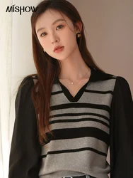 MISHOW Korean Striped Polo Neck Contrast Panel Knitted Tops for Women Spring Vneck Puff Sleeve casual Slim Shirts MXC16Z0029