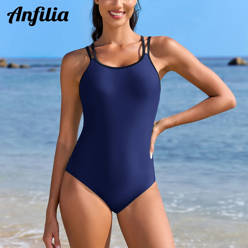 Anfilia Women One-Piece Sports Swimsuit Solid U-Neck Cross Double Straps Padded Bras Atheletic Professional Training Swimwear
