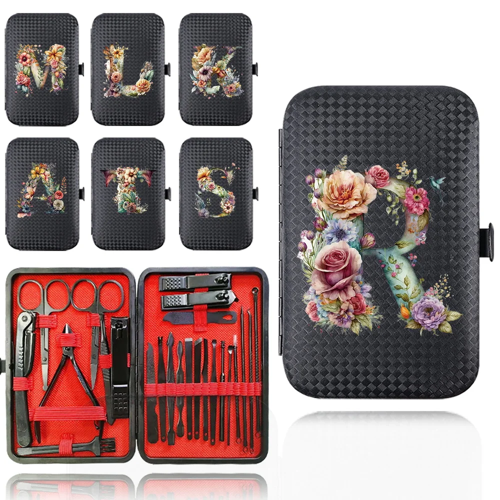 24Pcs Pocket Manicure Pedicure Set Portable Stainless Steel Nail Clipper Kit Organizer Grooming Tool Case Floral Letter Pattern