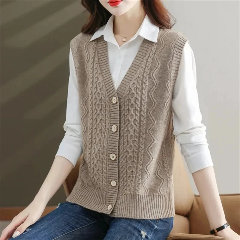 Spring Autumn Sweater Vest Women Solid Color V-Neck Knitted Sleeveless Jacket Female Casual Button Vests Cardigan Waistcoat Coat