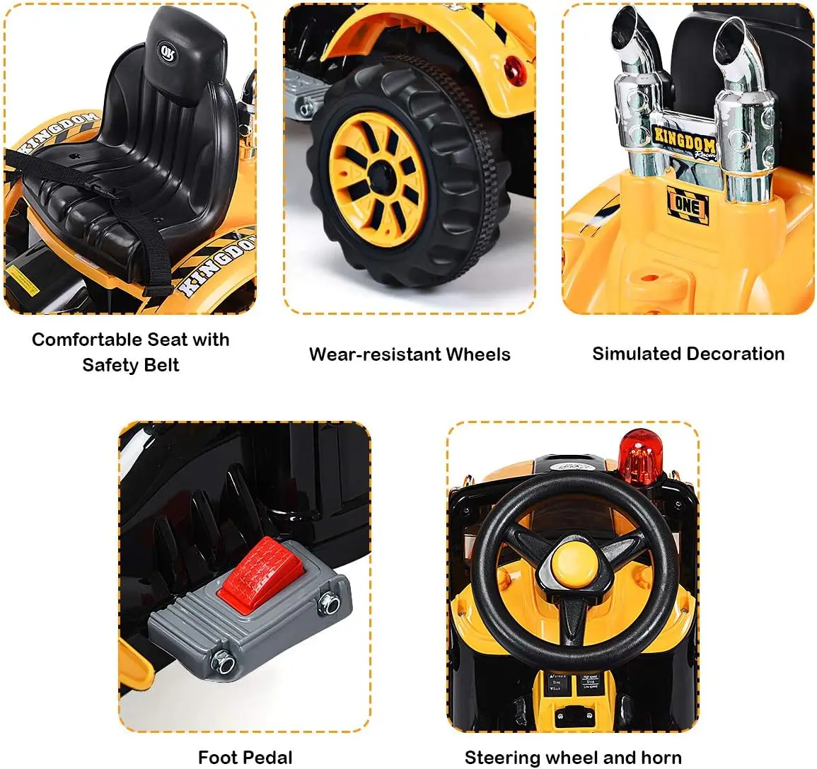 Passeio na escavadeira, veículos de construção alimentados por bateria de 12 V para crianças com carregadeira frontal, buzina, cinto de segurança, roda giratória