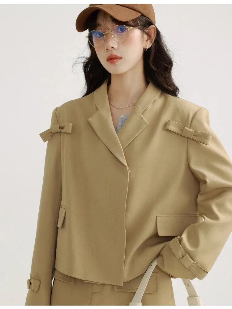 Elegant Bow Blazer Suit for Women Fall Two-Piece Outfit Short Lapel Jacket High-Waist Pants Korean Style Office wear Casual Look