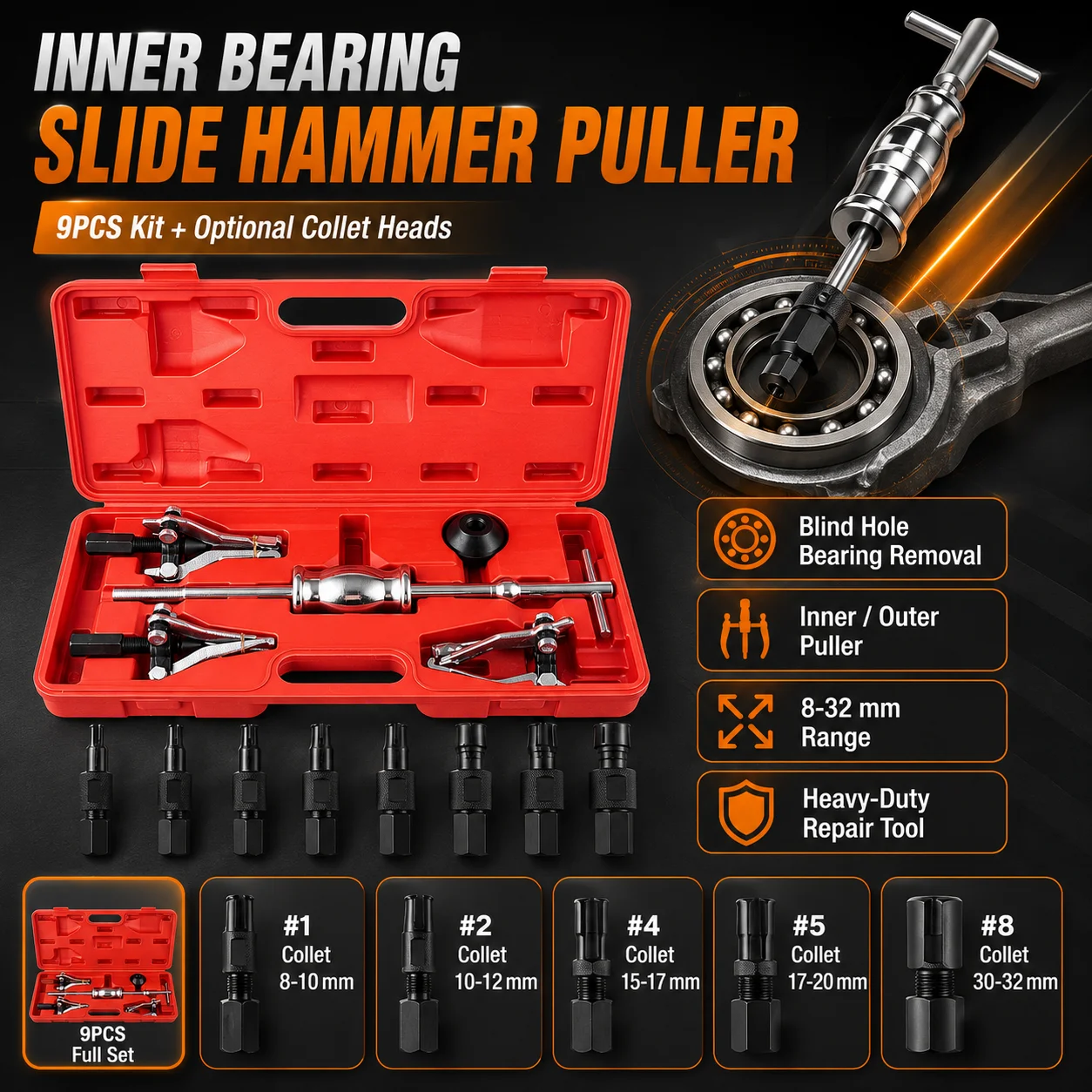 9PCS Slide Hammer Bearing Puller Kit 8-32mm Inner Hole Extractor Internal External Puller Auto Motorcycle Repair Tool 40Cr