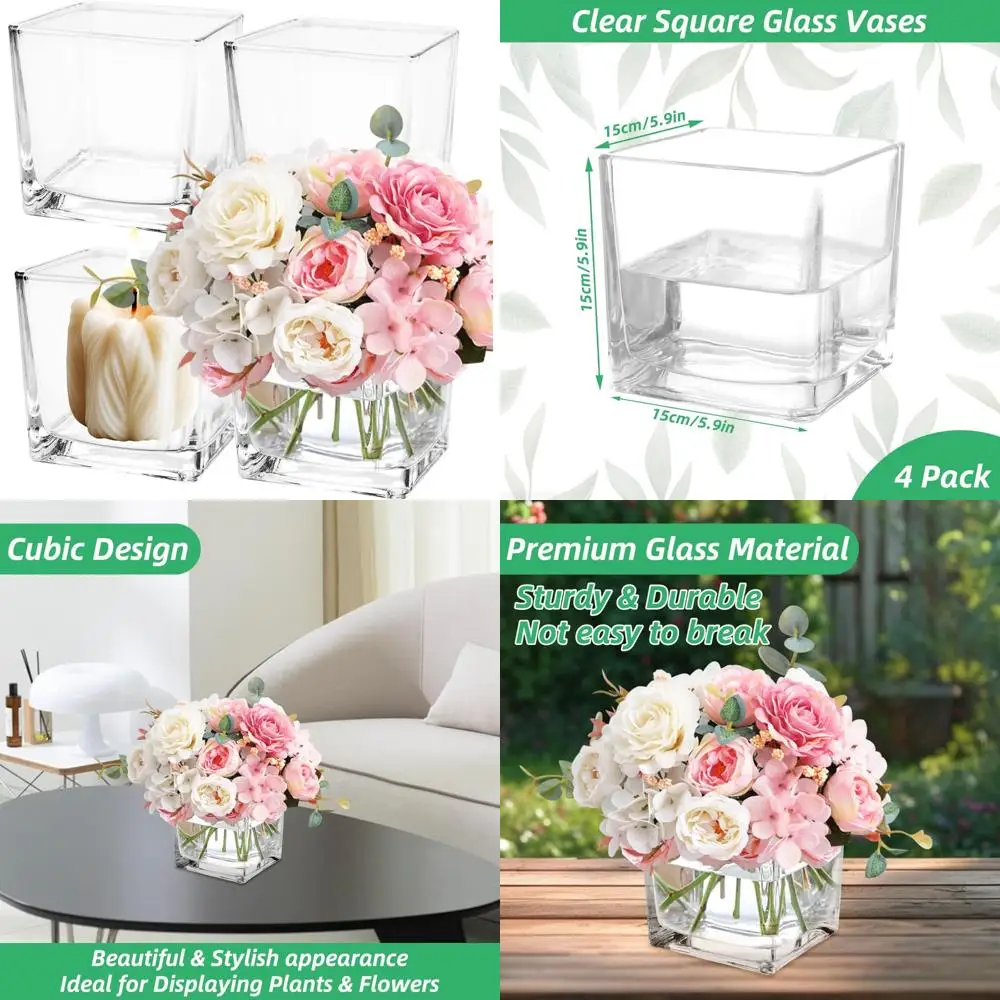 

Clear 6 Inch Square Glass Vases Set of 4, Perfect for Centerpiece Displays, Cube Vases Ideal for Candles, Flowers, and Wedding E