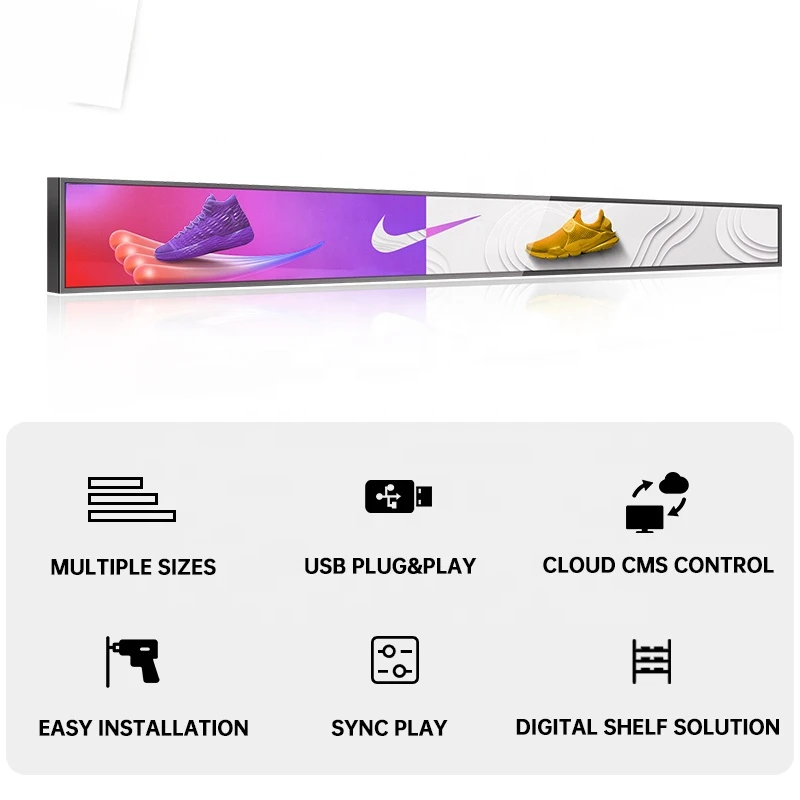 23 Inch Stretched Bar Lcd Display Digital Signage Advertising Display Screen Shelf Edge Lcd Advertising