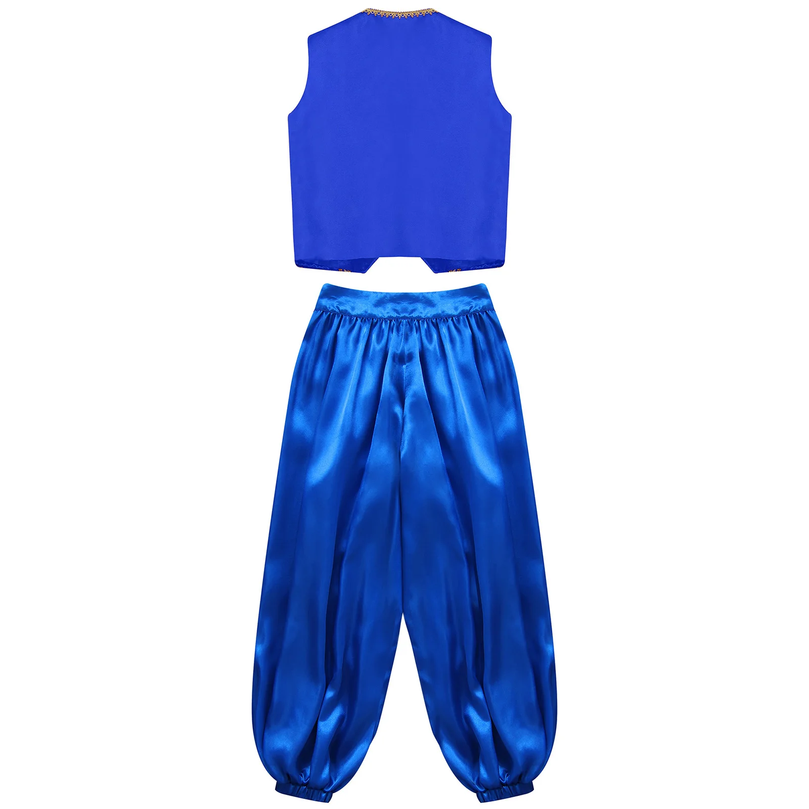 Kids Belly Dance เครื่องแต่งกายชุดทอง Trim เสื้อกั๊กขากว้าง Bloomers กางเกงฮาโลวีน Fairytale ตัวละครคอสเพลย์เครื่องแต่งกาย