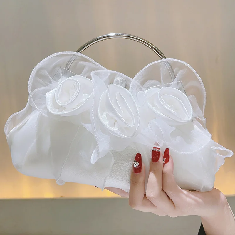 White Satin Fairy Evening Bags Clutch Metal Handle Handbags for Women Wedding Party Bridal Clutches Purse Chain Shoulder Bag