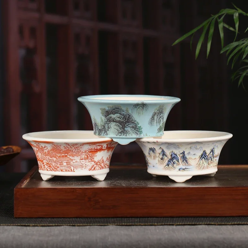 Chinese Style Yixing Purple Sand Colored Flower Pot Retro Desktop Decoration Bonsai Pot Round Ceramic Succulent Flower Pot 1PCS