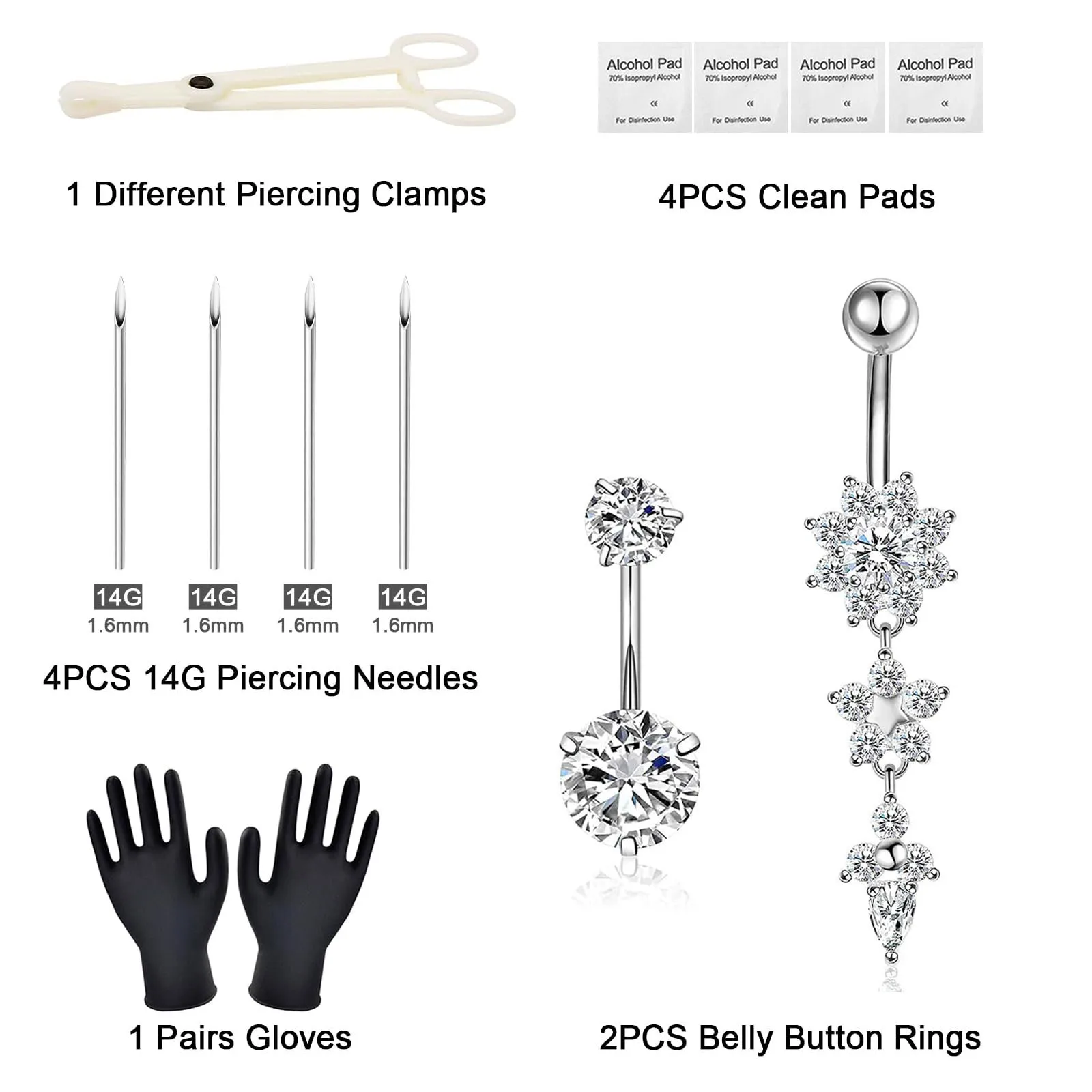 Belly Button Piercing Kit Piercing Supplies with 14G Navel Rings Piercing Clamp Needles Cleaning Tools and Disposable Gloves