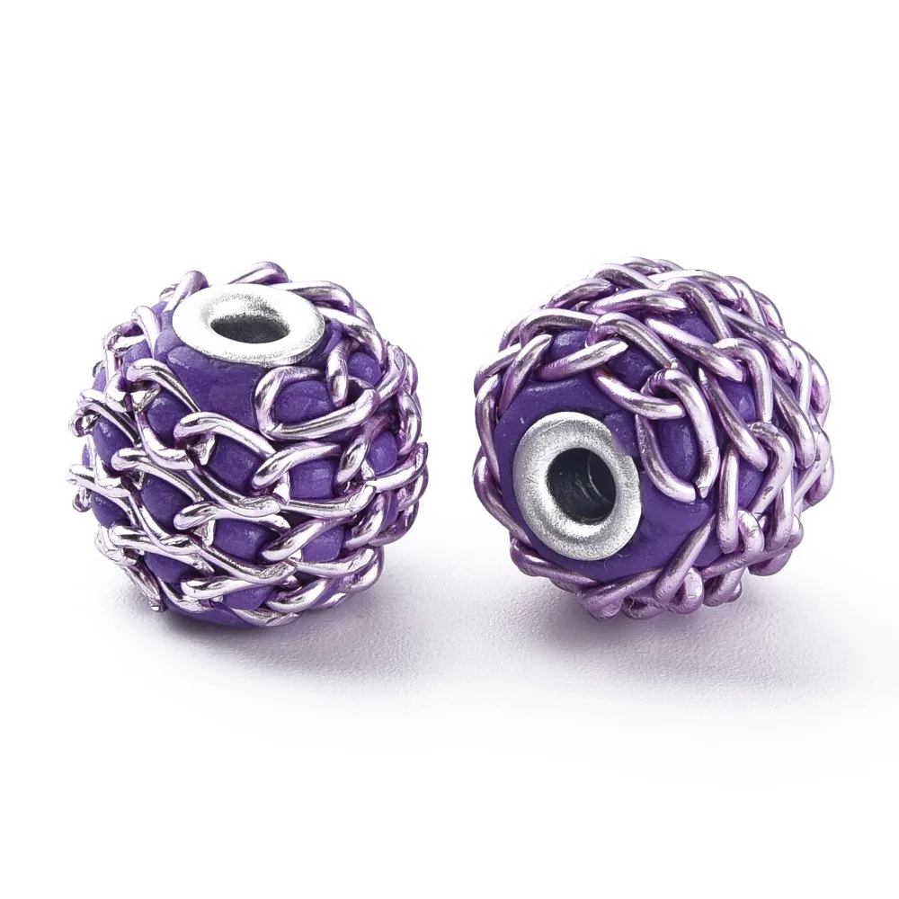 Handmade Indonesia Beads with Aluminium Chains Round Silver Blue Violet 16.5~18x14~15mm Hole: 3~3.5mm