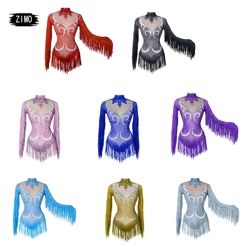 fashion blue crystal bodysuit tassels sexy see through club party DS performance leotard women birthday Team pole dance clothing