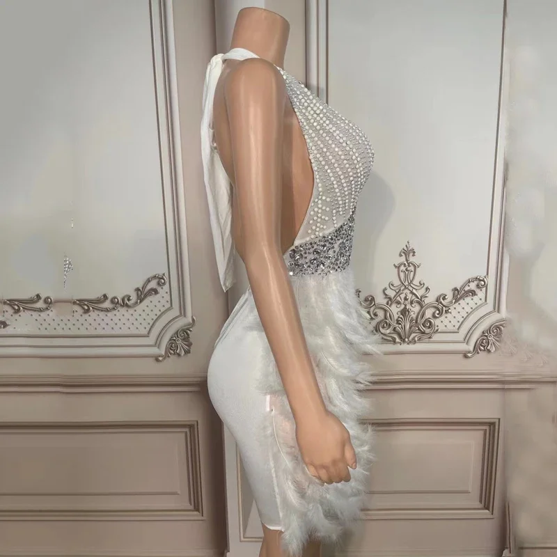 Completo de pérolas strass halter vestido sexy pena branca vestido de baile pólo vestido de dança roupa aniversário celebrar traje xs5263
