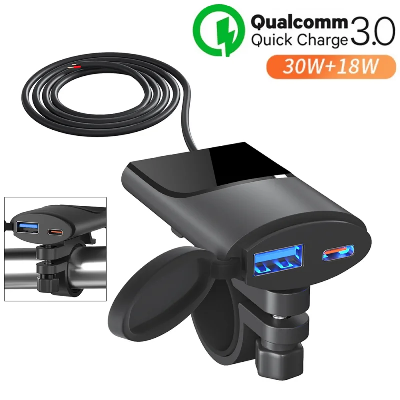 Motorcycle USB Charger QC3.0 Type C Charger IP67 Waterproof Handlebar Mounting Bracket Moto Phone Dual Port Fast Charger Holder