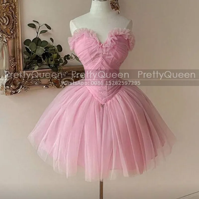 Short Bridesmaid Dresses Ball Gown Pleat Sweetheart Neck Customized Pink Tulle Maid Of Honor Wedding Party Dress