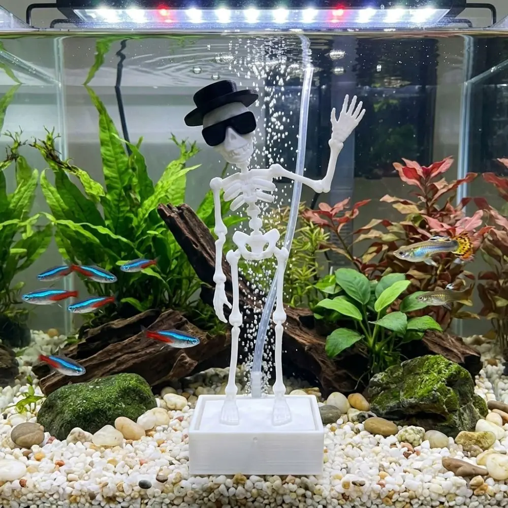 3D Printed Dancing Skeleton Aquarium Bubbler Plastic Wear Hat Sunglasses Dynamic Skeleton Bubbler Gothic Air Driven