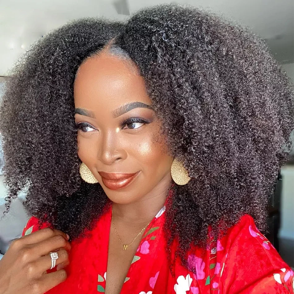 V Part Wigs Black Afro Kinky Curly 100% Human Hair Middle Part Full Peruvian Afro 4b 4c Deep Curl 250Density U part Shape Wig