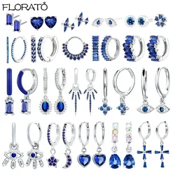 Blue Flower Small Hoop Earrings for Women 925 Sterling Silver Needle Fashion Zircon Dangle Earrings  Wedding Luxury Jewelry Gift