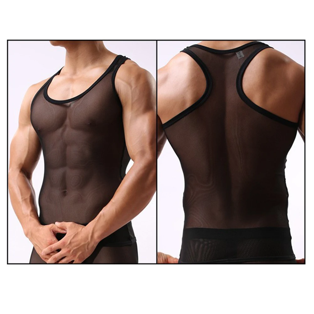 보디 빌딩 Sheer Fishnet Tee Fishnet Singlet Top Men See Through Tank 매끄러운 쉬어 디자인 세련된 캐주얼웨어