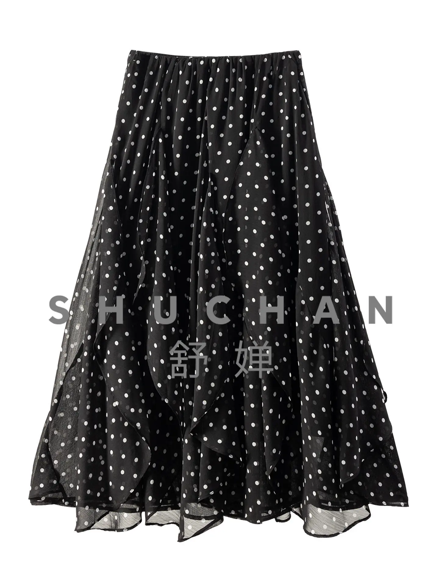 Romantic Polka Dot, French Design Irregular Ruffle Edge Mesh High Waist Skirt Women's 36L8 Long Skirts for Women