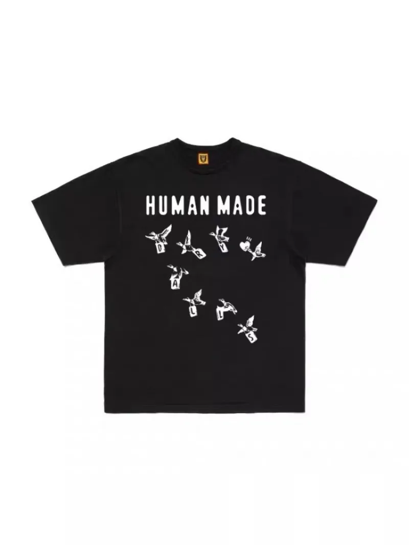 Human Made Style Flying Duck Print Slub Cotton T-Shirt, Casual Tee for Unisex