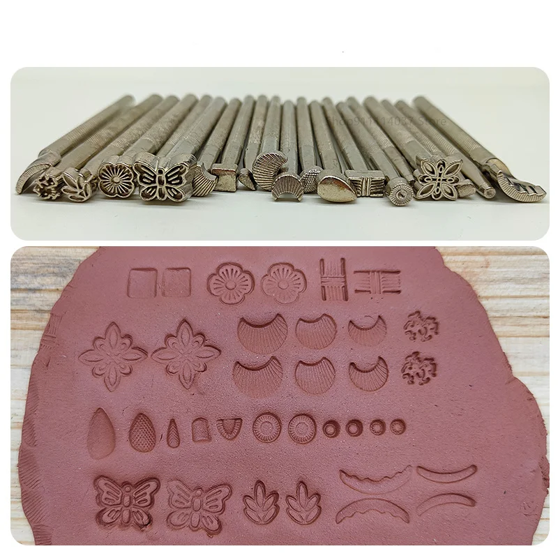 20PCS Pottery Stamps for Embossing Leather Tools Stainless Steel Flowers Punch DIY Ceramic Manual Stamp Printing Mold Set