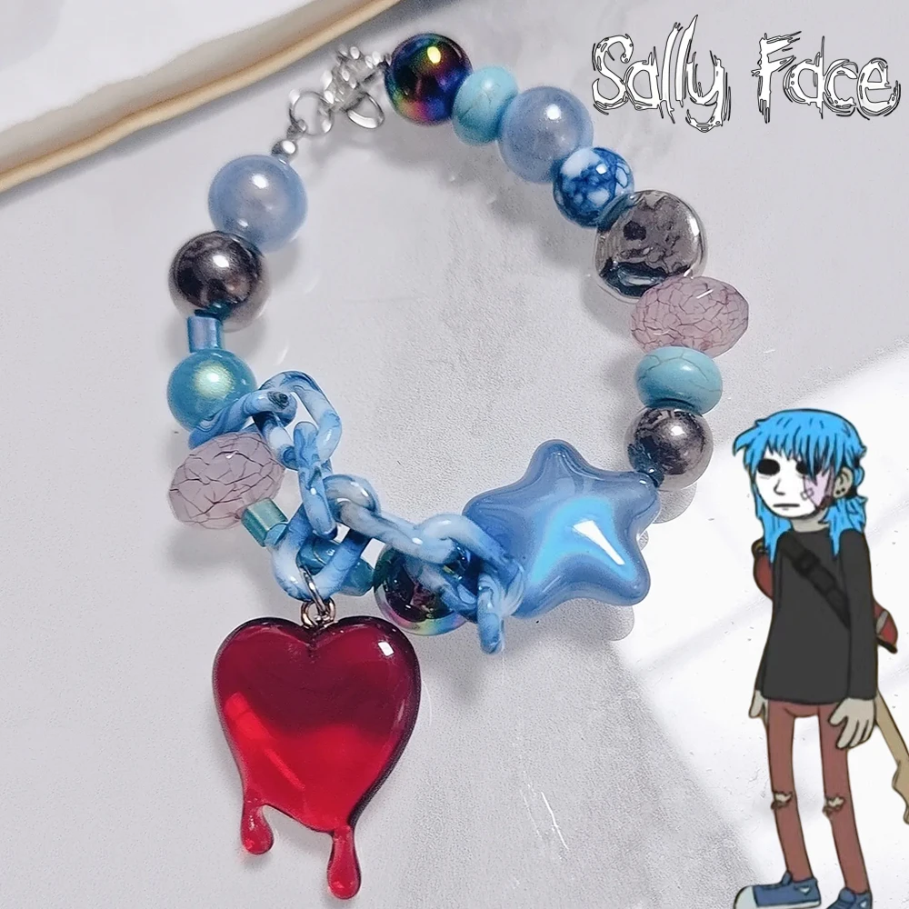 Game Sally Face Cosplay Bracelet Heart Shaped Pendant Bead Bangle Couple Jewelry Blue Hand Chain Xmas Accessories