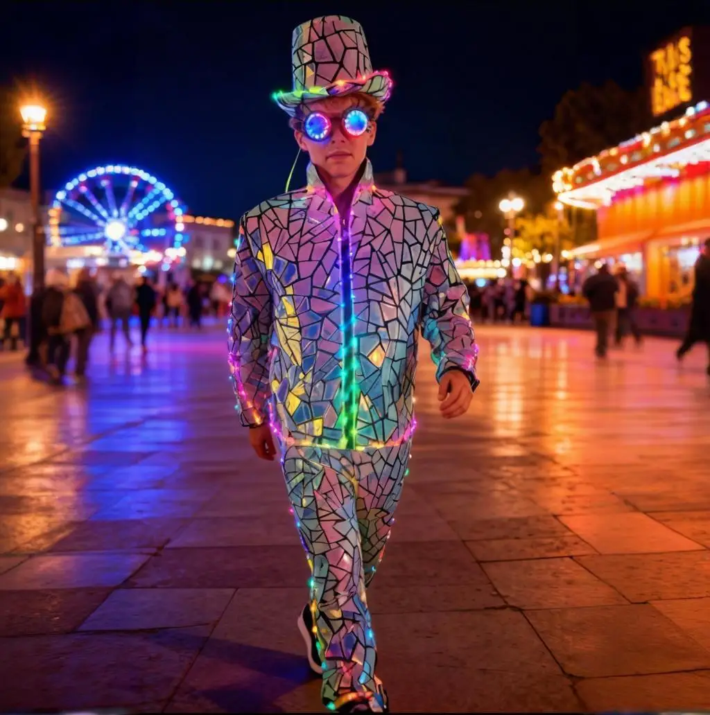 

Светодиодный комплект куртки для шлема для мужчин, светящийся костюм для диско-танца, одежда для вечеринок в стиле киберпанк Tron, наряд для выступлений для ночного клуба