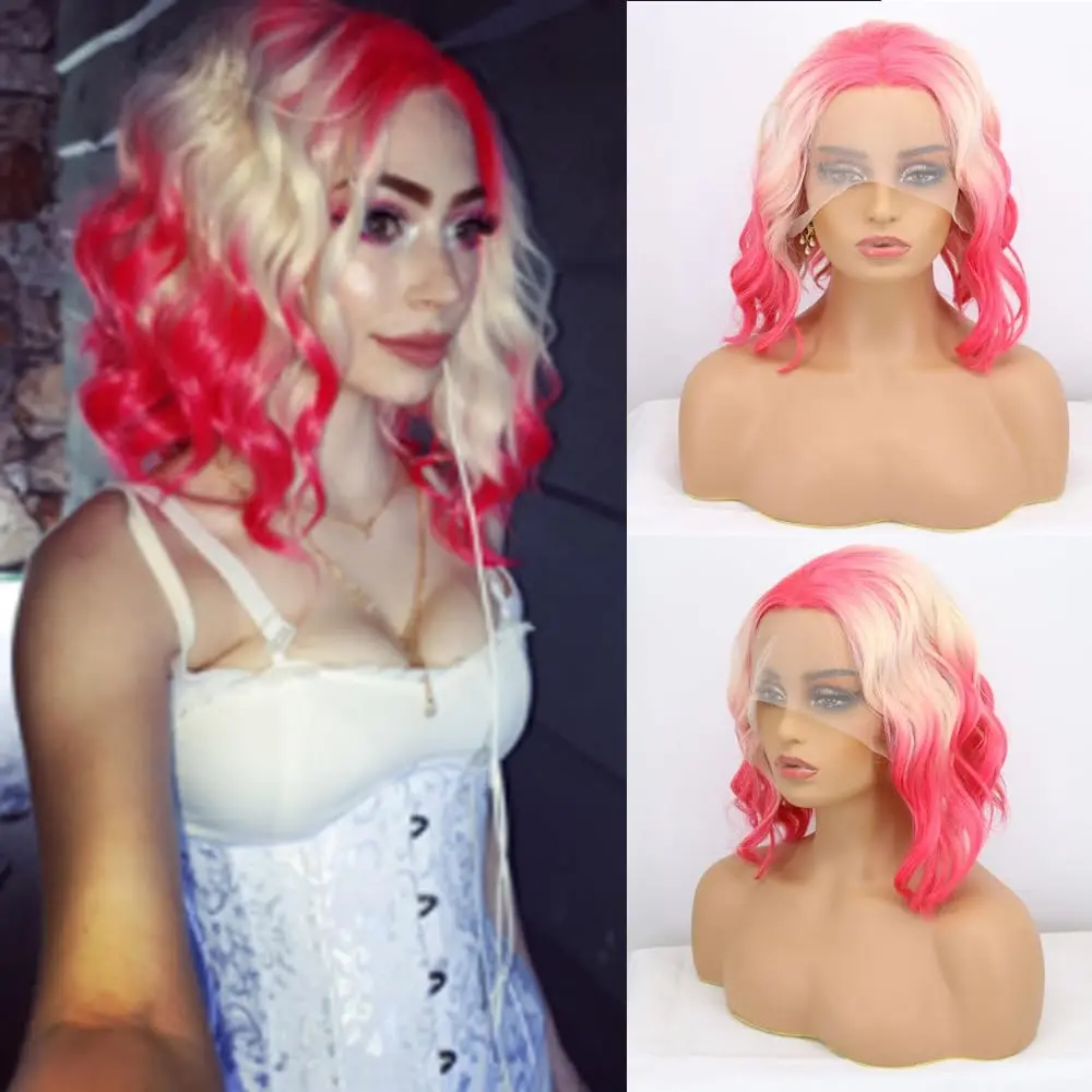 

Sylvia Curly Hair Ombre Strawberry Pink Ombre Blonde Lace Front Wigs Short Bob Wig with Hand-Tied Lace Synthetic Wig Natural