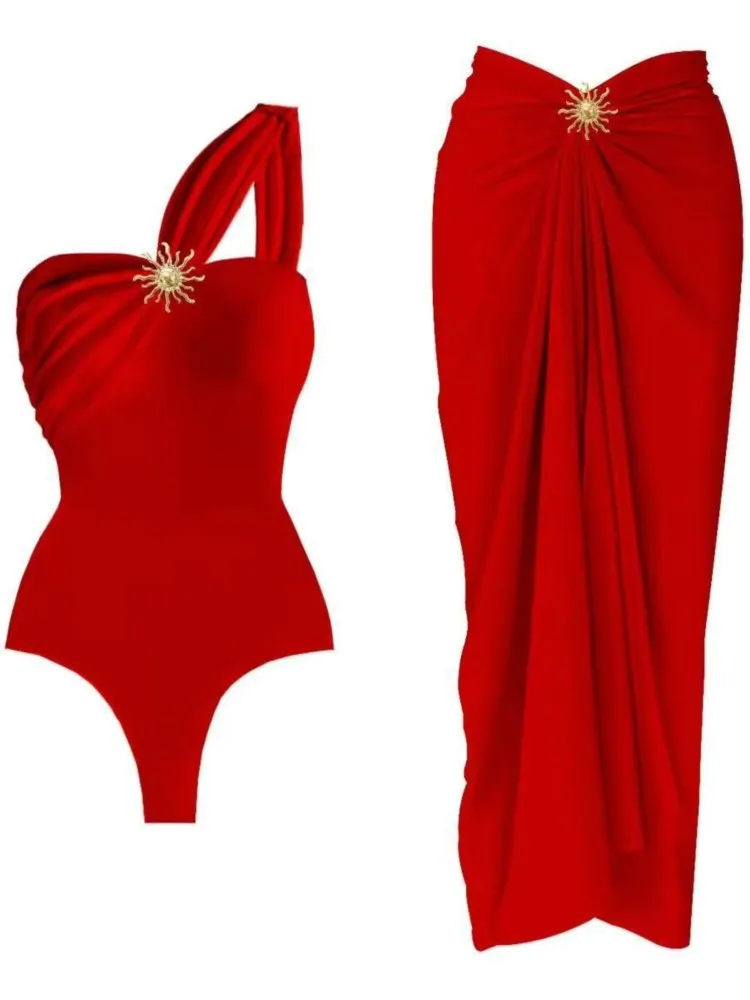 Damski strój kąpielowy bikini z body i spódniczką, letni nowy strój plażowy z falbankami, nadrukiem i łączonymi elementami, idealny na wakacje, bikini z narzutką.