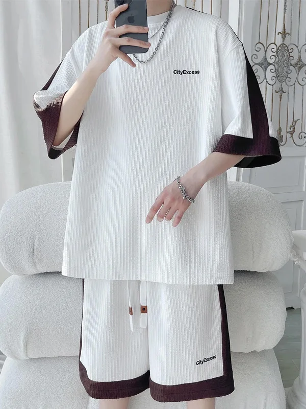 

Ice Silk Cool Sensation Casual Sports Set Men's Trendy Brand Color Blo Summer Drapey ort Sve T-irt Straight ort Pa...