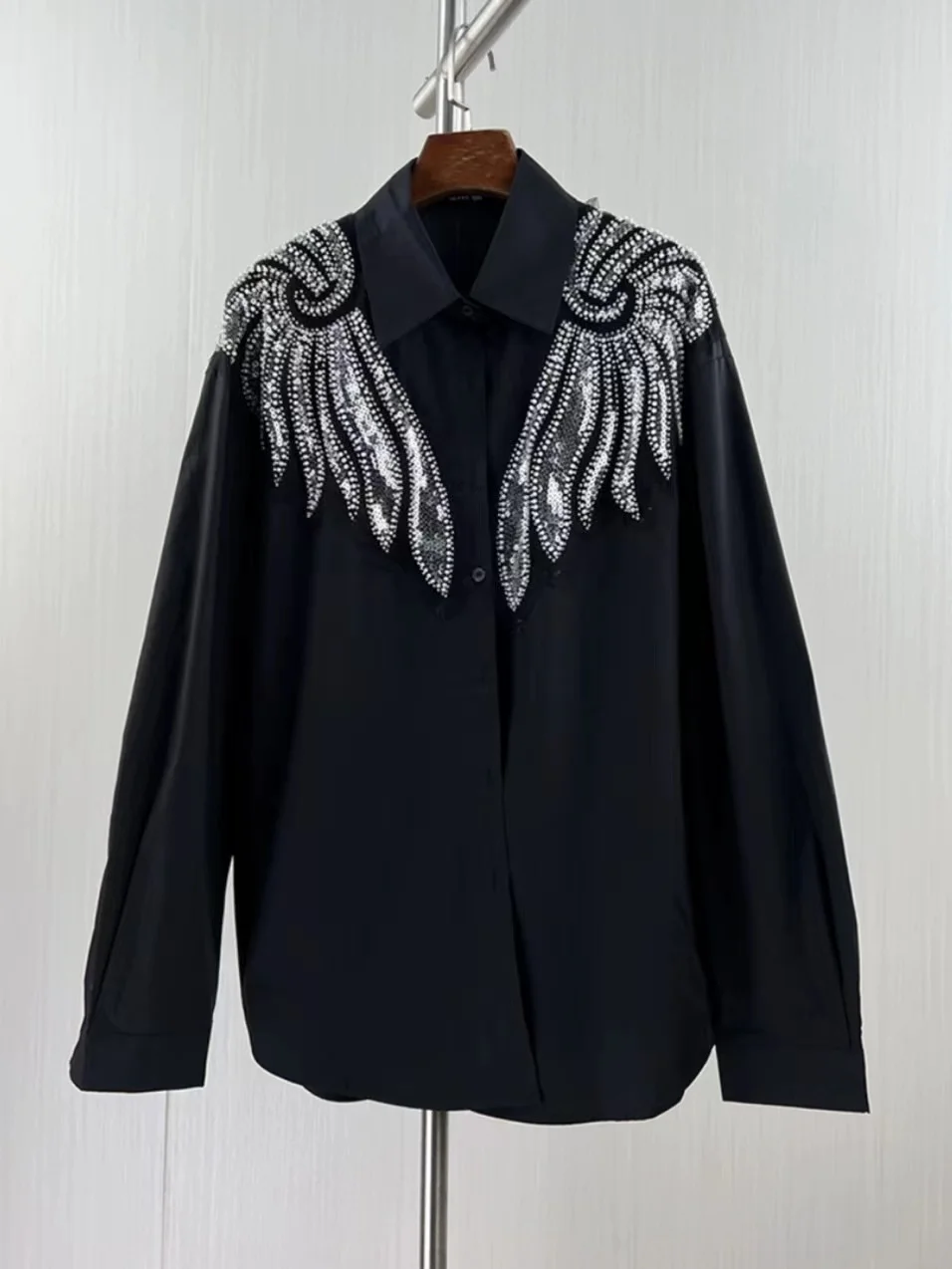 Luxury Exquisite Sequined Beaded Cotton Shirts and Blouses For Women 2024 Spring Longg Sleeve Mid-length Tops Blusas