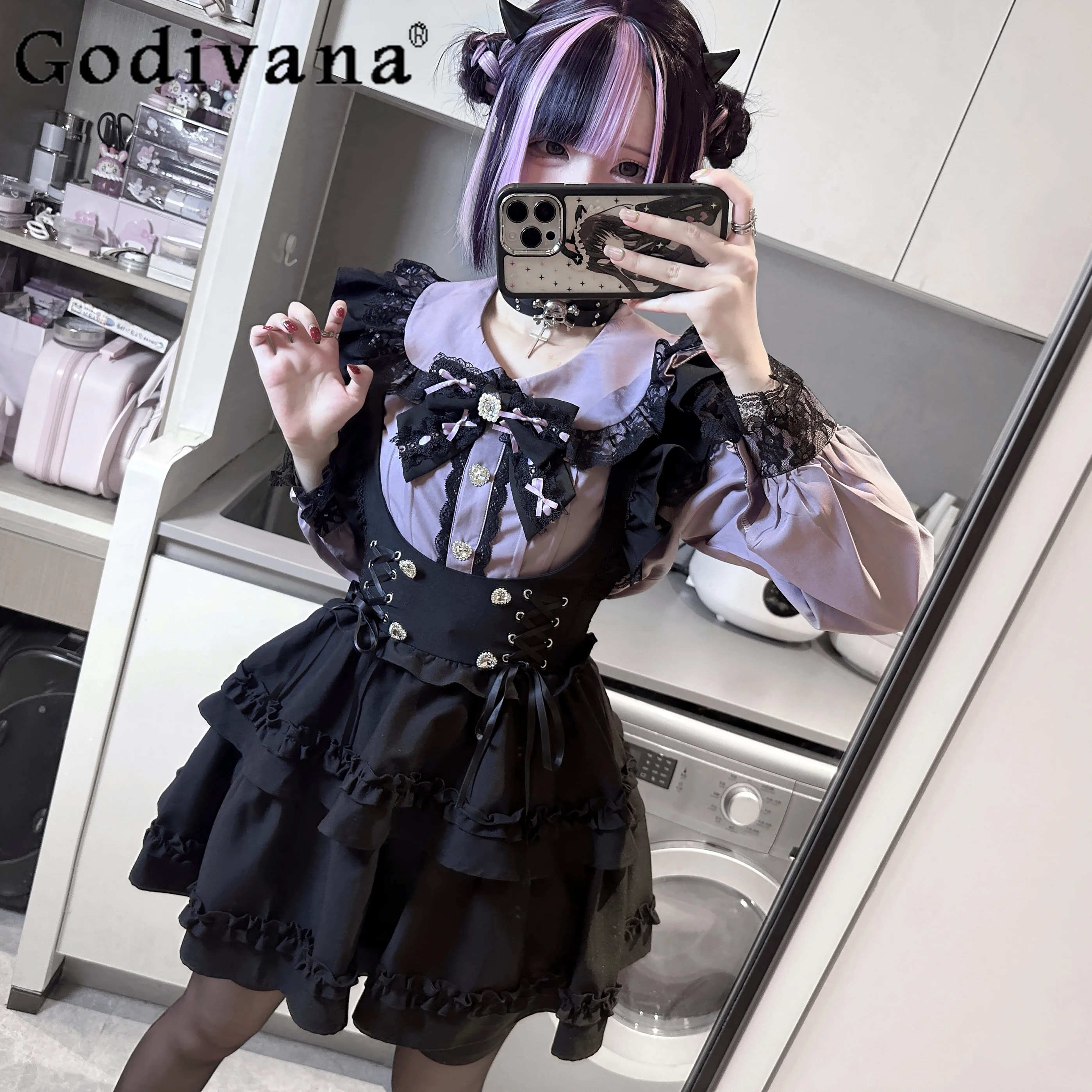 

Original Subculture Mine Purple Shirt Strap Skirt 2-Piece Set Spring Autumn New Girls Sweet Lolita Long Sleeve Shirt Skirt Set