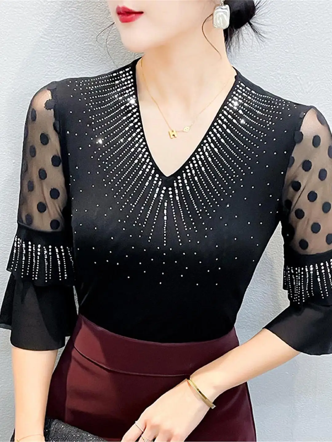 Summer 2026 Sexy Hollow out Mesh Top with Heat Resistant Bell Sleeves And Rhinestones Slimming Seven Sleeve T-shirts for Women