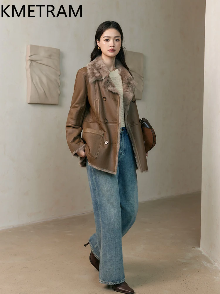 Kurtka damska z prawdziwej skóry owczej, dwustronna, luksusowa, brązowa, z naturalnego futra, płaszcz zimowy, odzież damska 2025