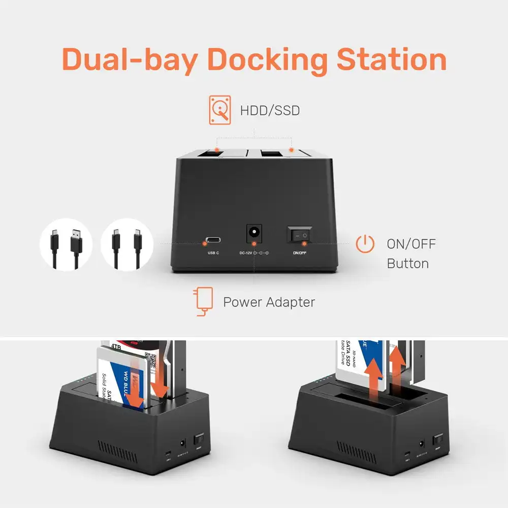 Alxum المزدوج خليج وسيط تخزين ذو حالة ثابتة/ القرص الصلب محطة الإرساء USB C إلى SATA قاعدة تركيب الأقراص الصلبة ل 2.5/3.5 بوصة القرص الصلب قفص الاتهام حاليا استنساخ