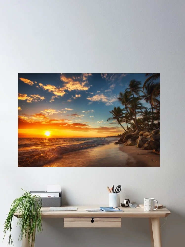 Sunrise Over Tropical Beach Palm Tree Ocean Photo Canvas POSTER ,Home Decor Wall art painting